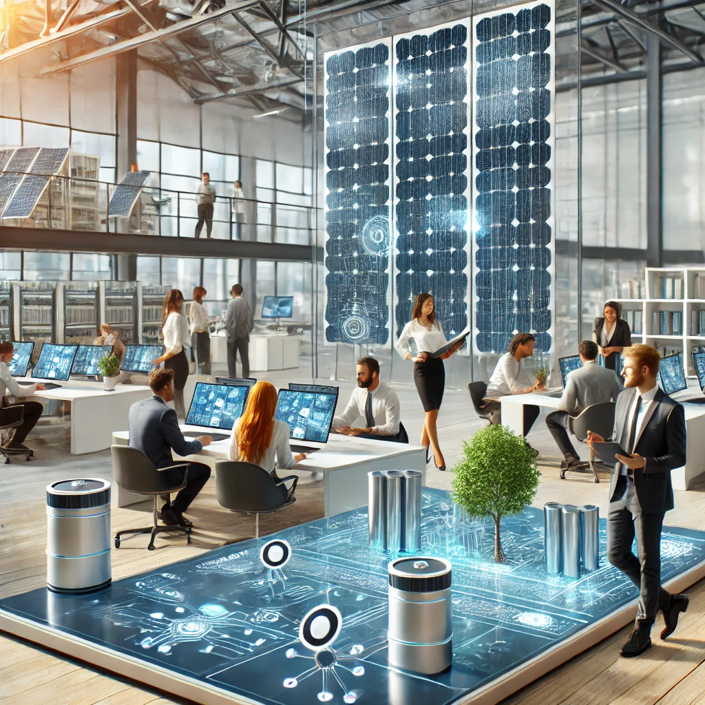 A modern clean technology innovation hub with diverse professionals collaborating on futuristic battery prototypes, featuring sleek solar panels and s Illustrated technology open-plan office with people at work, large solar panels and cylindrical cell prototypes