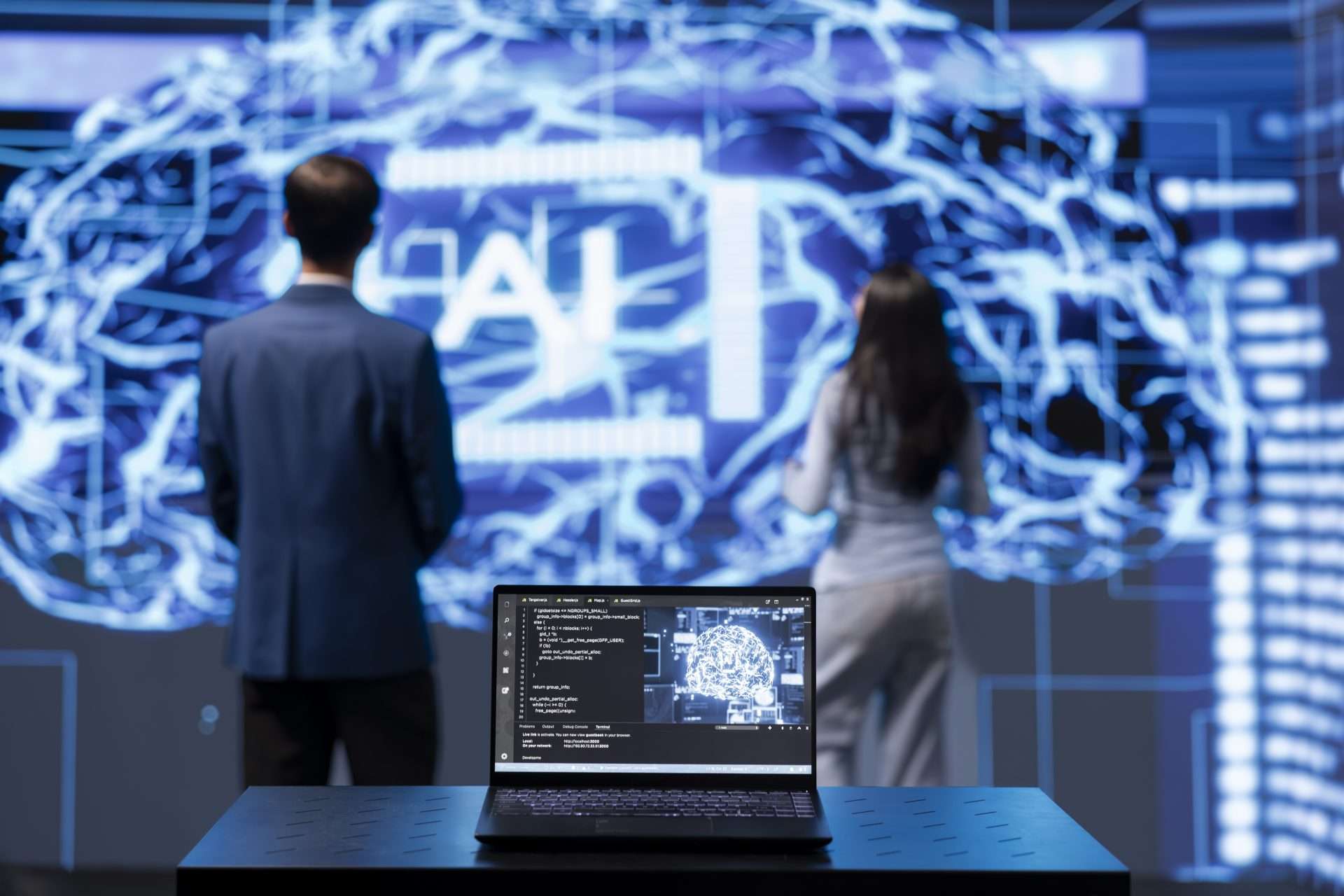 IT engineers using artificial intelligence augmented reality hologram