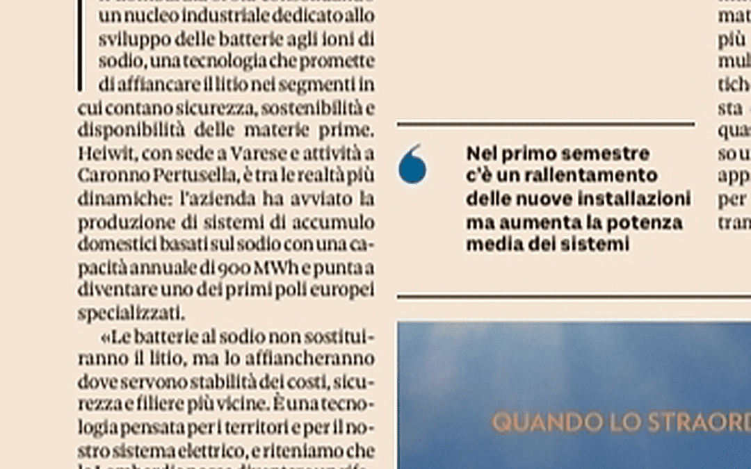 Heiwit protagonista sul Sole 24 Ore: la Lombardia diventa l’hub europeo delle batterie al sodio
