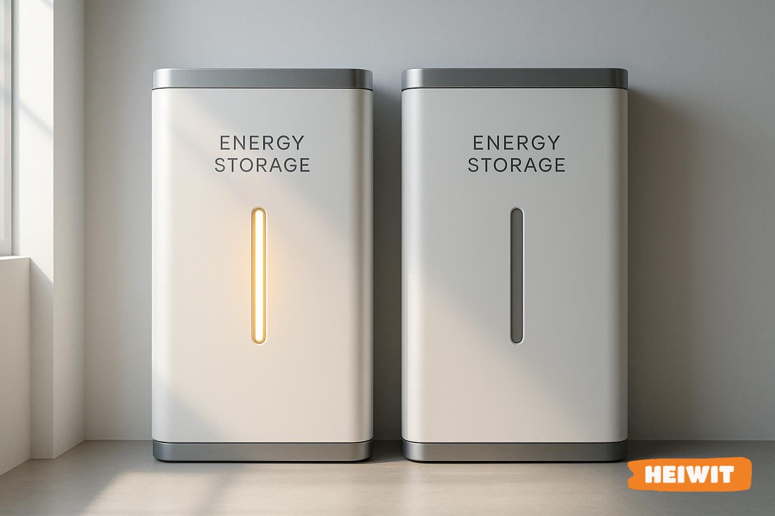 Omslag — Levenscycli batterijen: waarom dit belangrijker is dan kWh Twee identieke huishoudelijke batterijen naast elkaar, één met een intenser licht, symbool voor de duur van de cycli