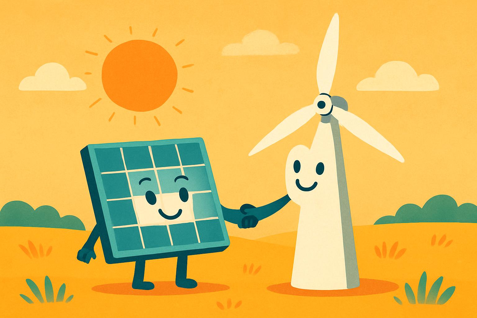 Weil es immer positiv eingestellt ist. Pannello solare sorridente stringe la mano a una pala eolica sorridente, illustrazione cartoon