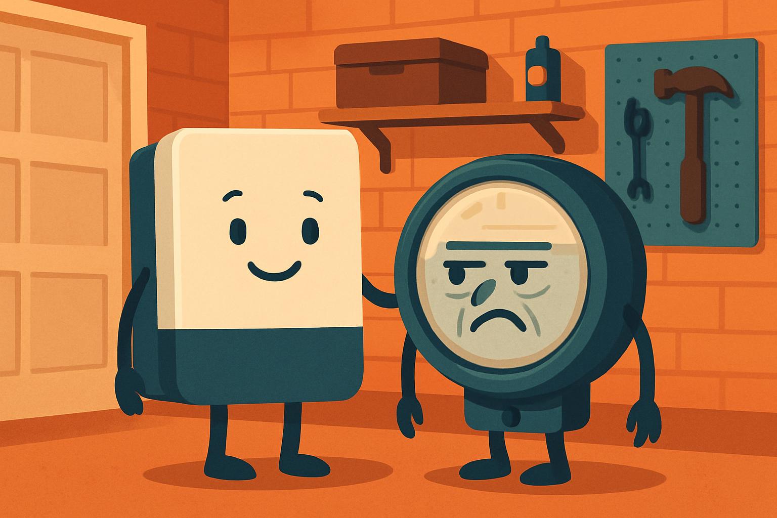 Un inverter sorridente accanto a un vecchio contatore imbronciato, illustrazione cartoon