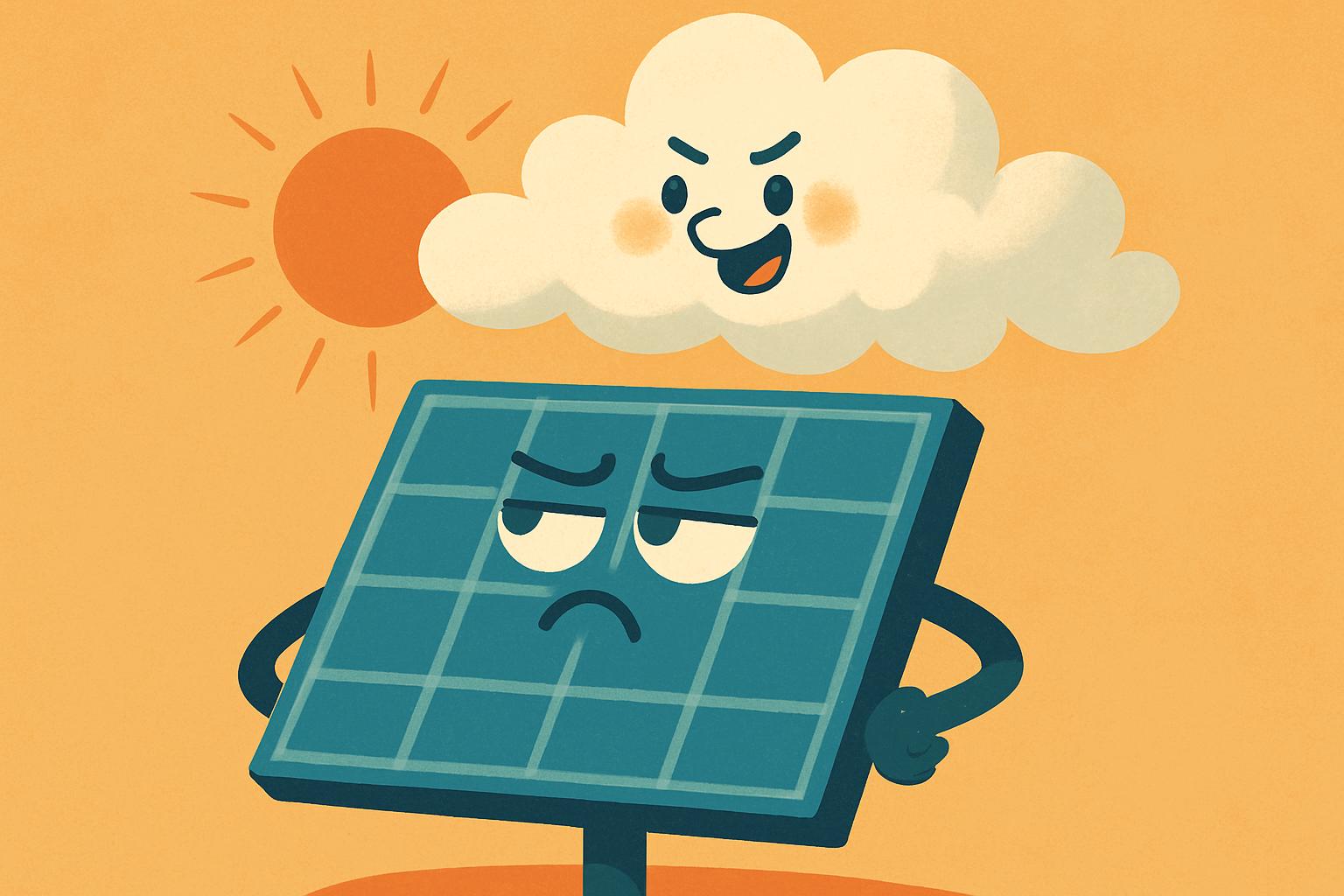 Tecknad solpanel tittar på ett retsamt moln som skuggar den