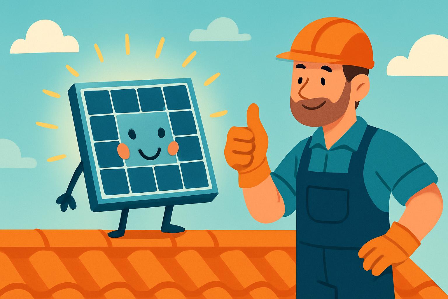 Il tecnico e il pannello carico Tecnico sorridente fa il pollice in su a un pannello solare cartoon che sorride