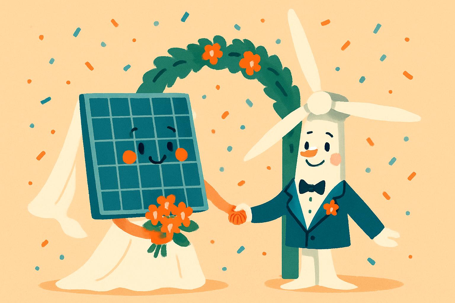 Il matrimonio tra pannello e turbina Pannello solare e pala eolica cartoon vestiti da sposi a un matrimonio