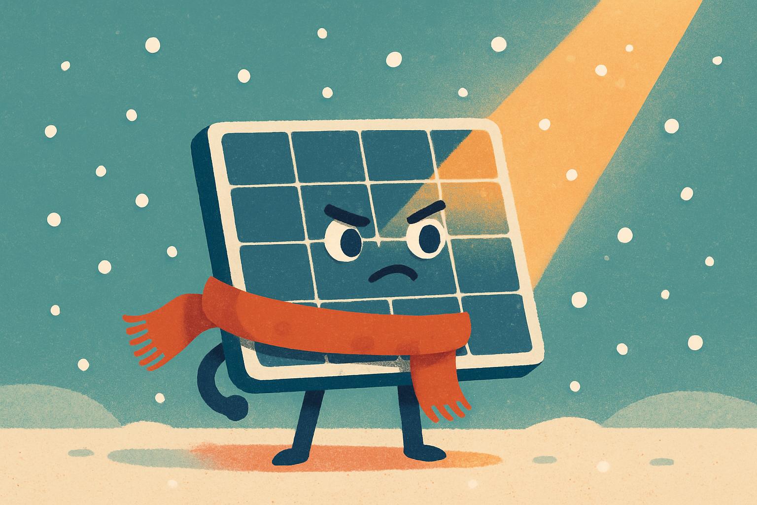 Il fotovoltaico e la vacanza d’inverno Pannello solare cartoon con sciarpa sotto la neve che riceve un raggio di sole