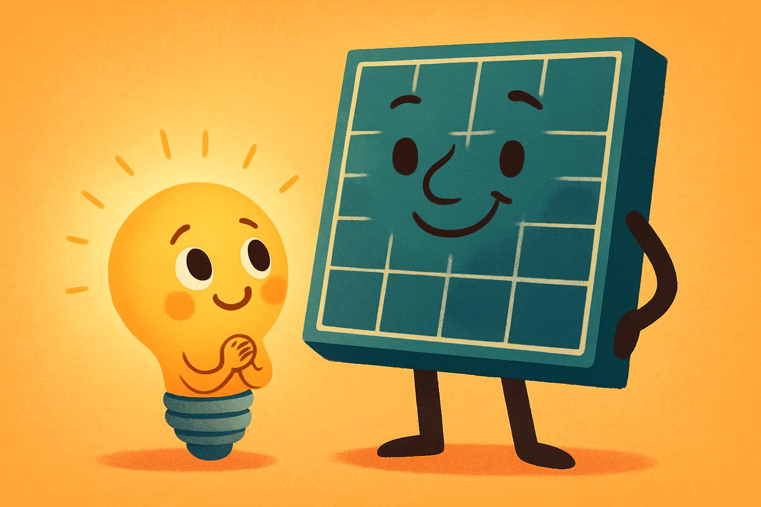 Lampadina cartoon riconoscente guarda un pannello solare orgoglioso