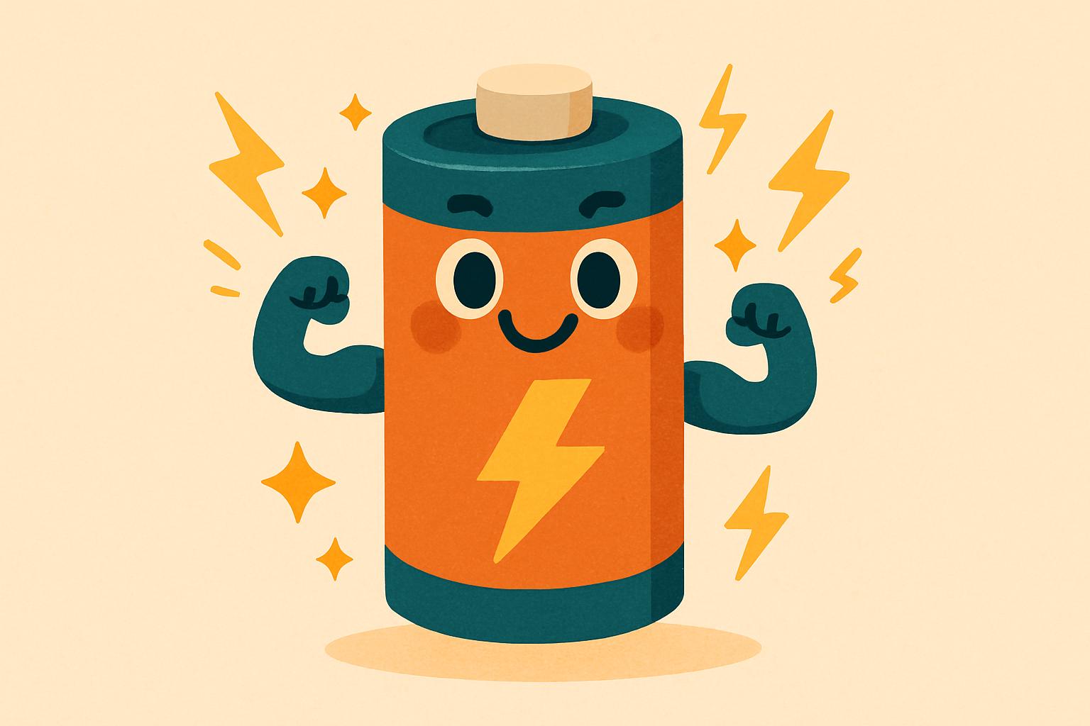 La batteria che non si stanca mai Batteria cartoon energica che flette i muscoli circondata da fulmini di energia