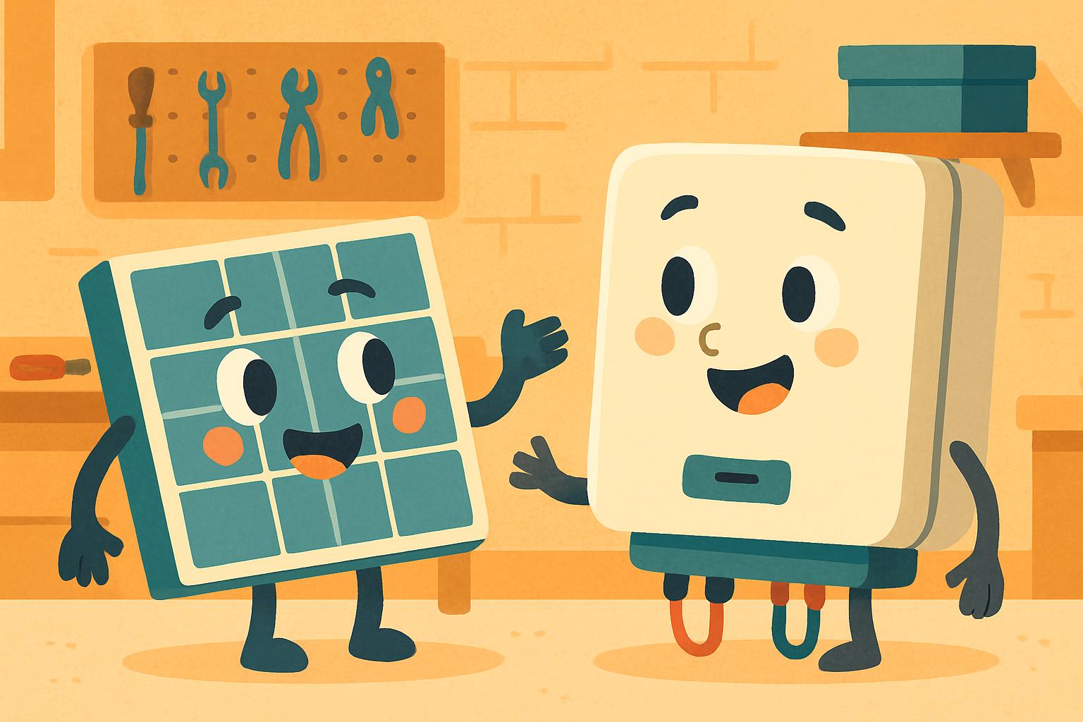 Pannello solare e inverter cartoon che chiacchierano sorridenti