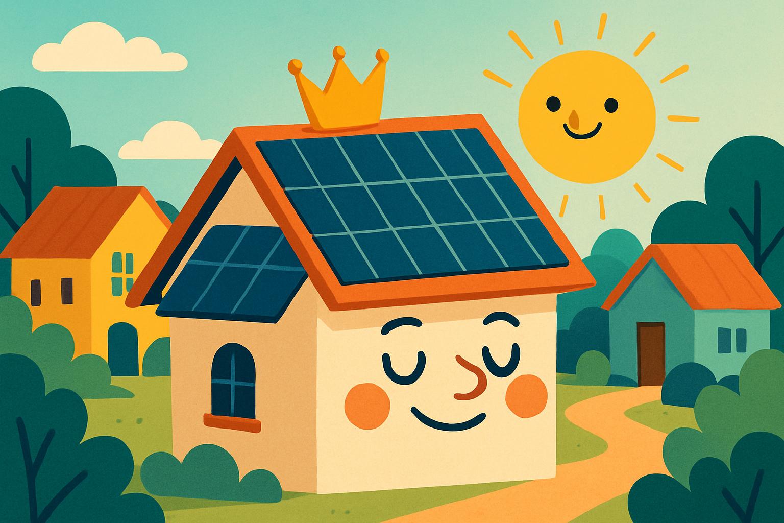 El techo que se cree importante Tejado de casa de dibujos con paneles solares y una pequeña corona, orgulloso