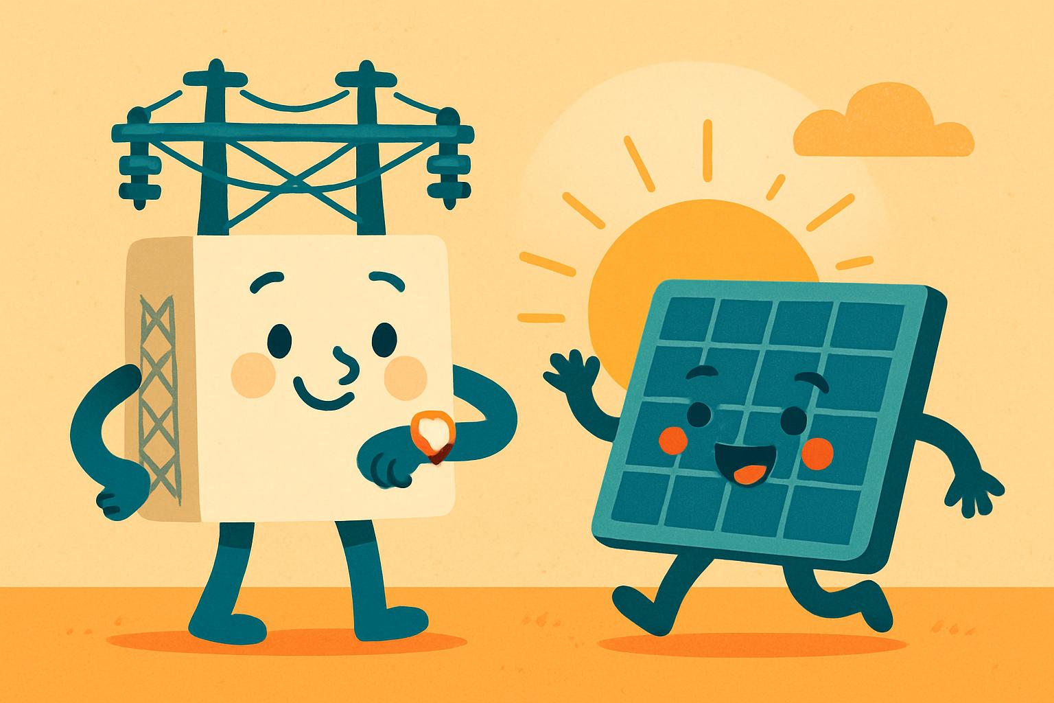 Red eléctrica de dibujos mirando el reloj mientras llega un panel solar con el amanecer