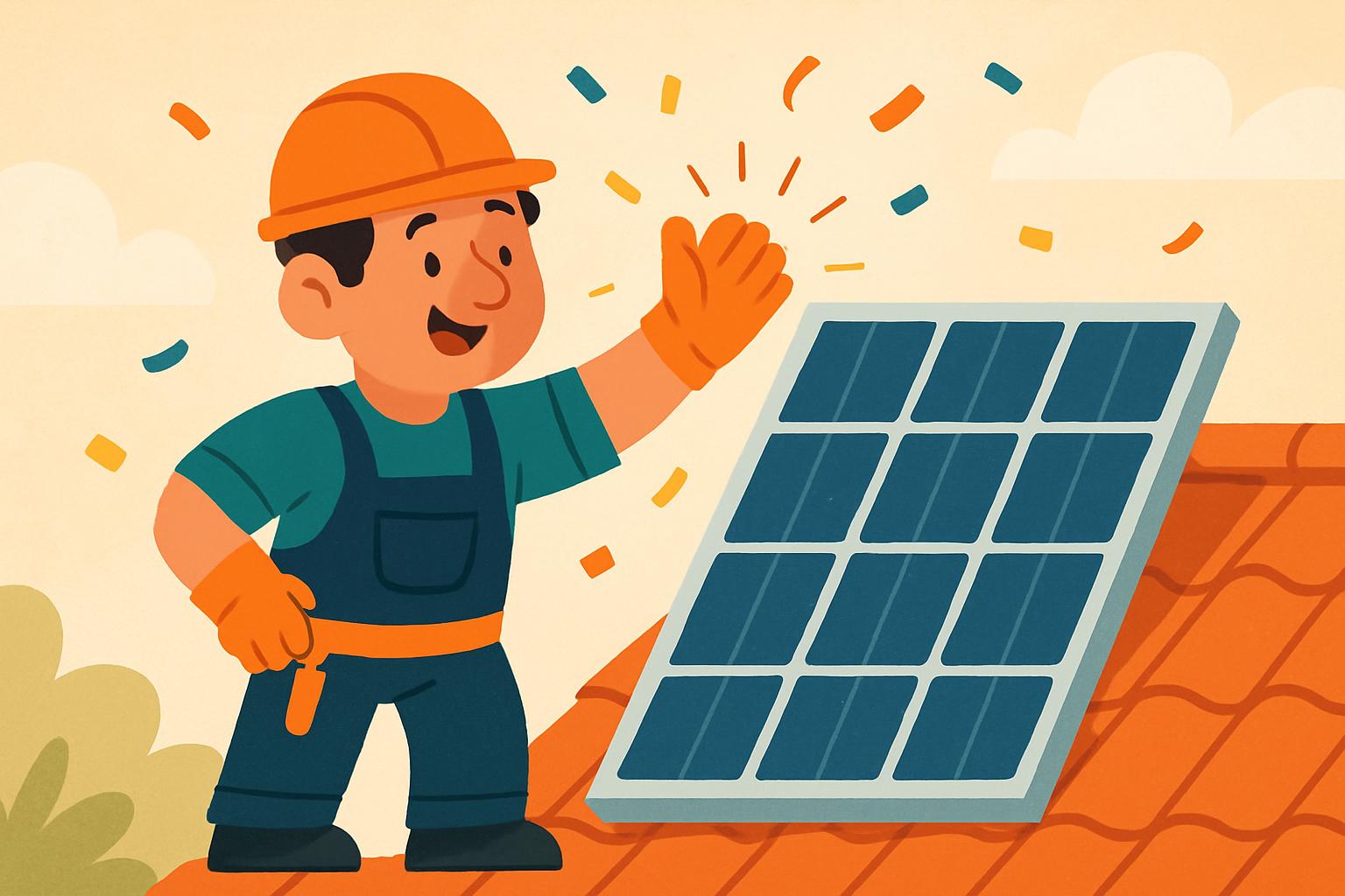 Técnico de dibujos celebrando con un cinco una instalación fotovoltaica recién instalada