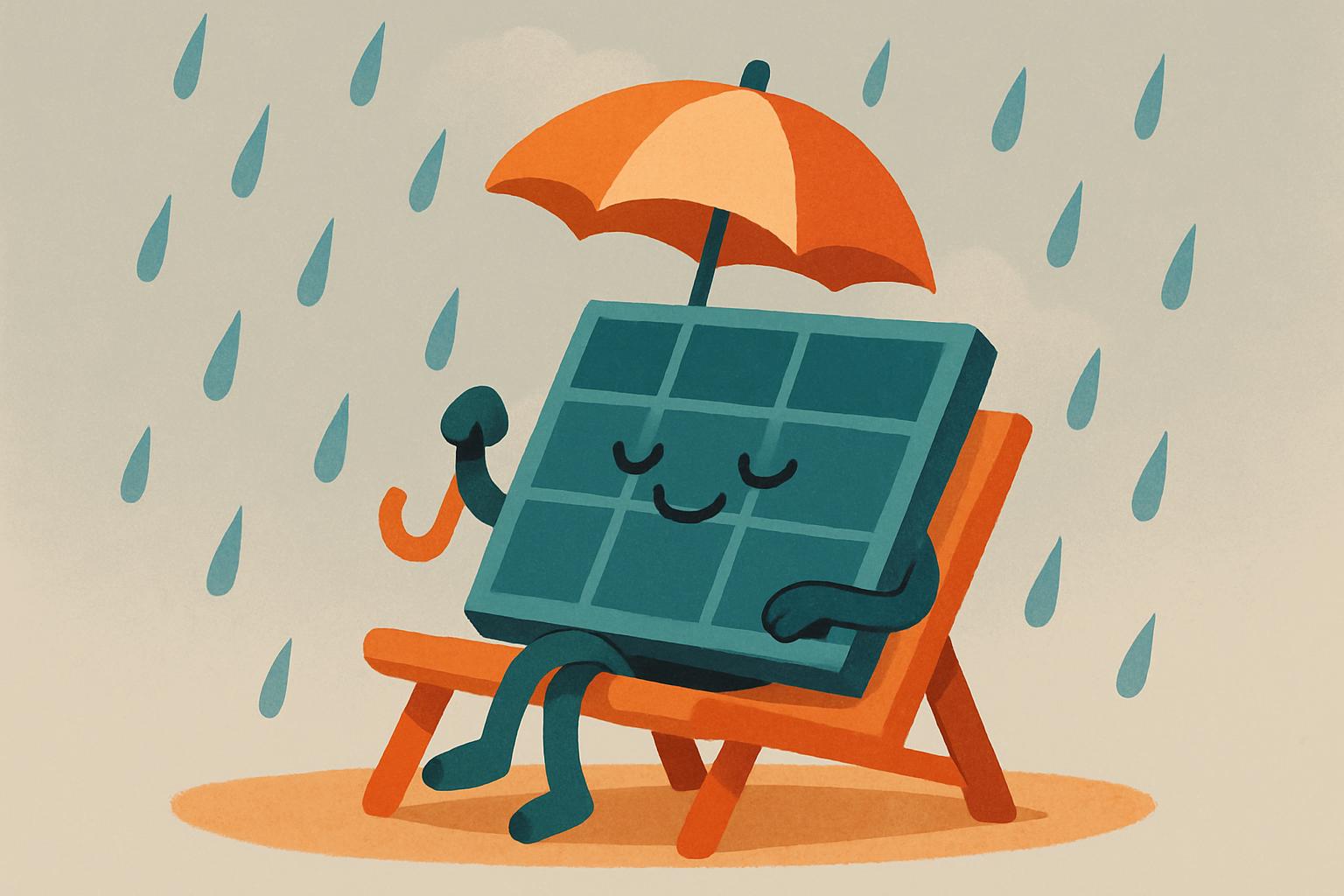 Il pannello solare in giornata di pioggia Pannello solare cartoon rilassato sotto un ombrello mentre piove