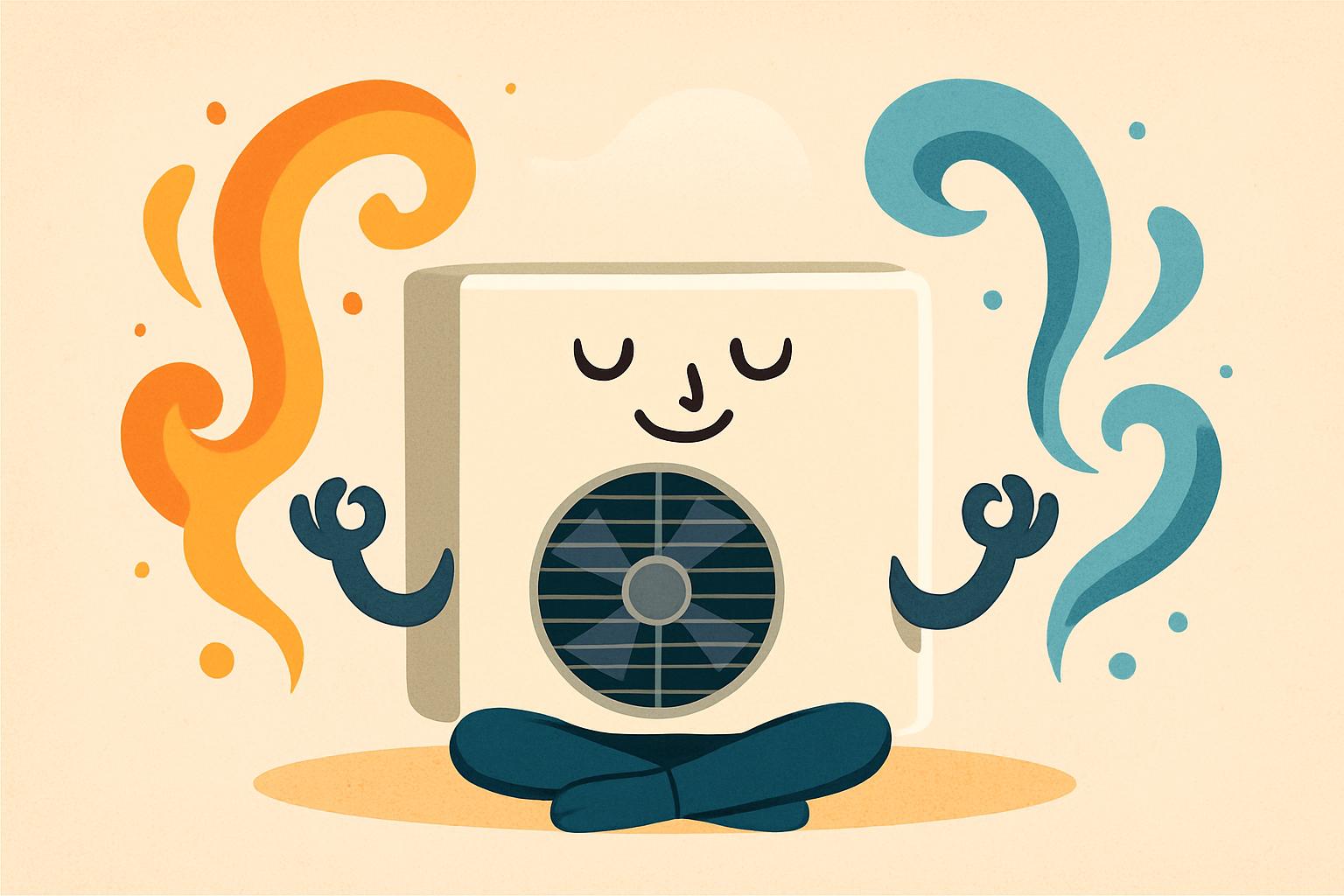 La pompa di calore zen Pompa di calore cartoon che medita serena circondata da energia calda e fredda