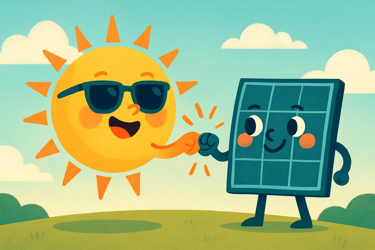 Il sole che dà la carica Sole cartoon con occhiali da sole fa un pugnetto energico a un pannello solare