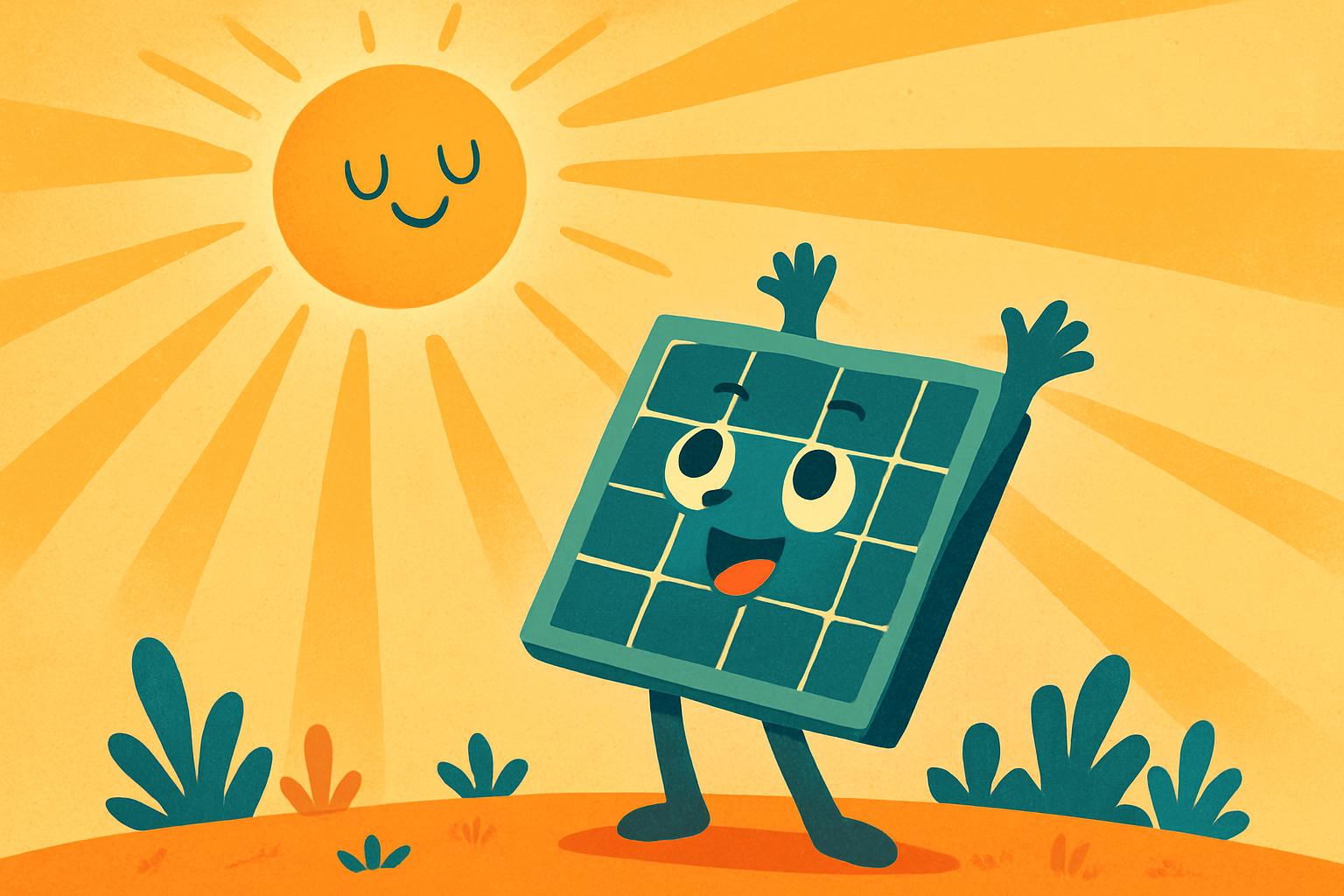 Thoughtful irradiance Pannello solare cartoon che si allunga verso il sole con entusiasmo