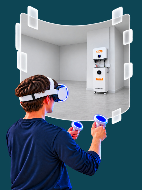 Un partecipante con visore e controller esplora un ambiente virtuale con un sistema di accumulo Heiwit