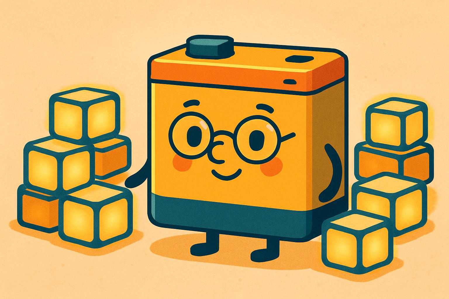 The storage that never forgets Batteria di accumulo cartoon con occhiali circondata da blocchi di energia ordinati