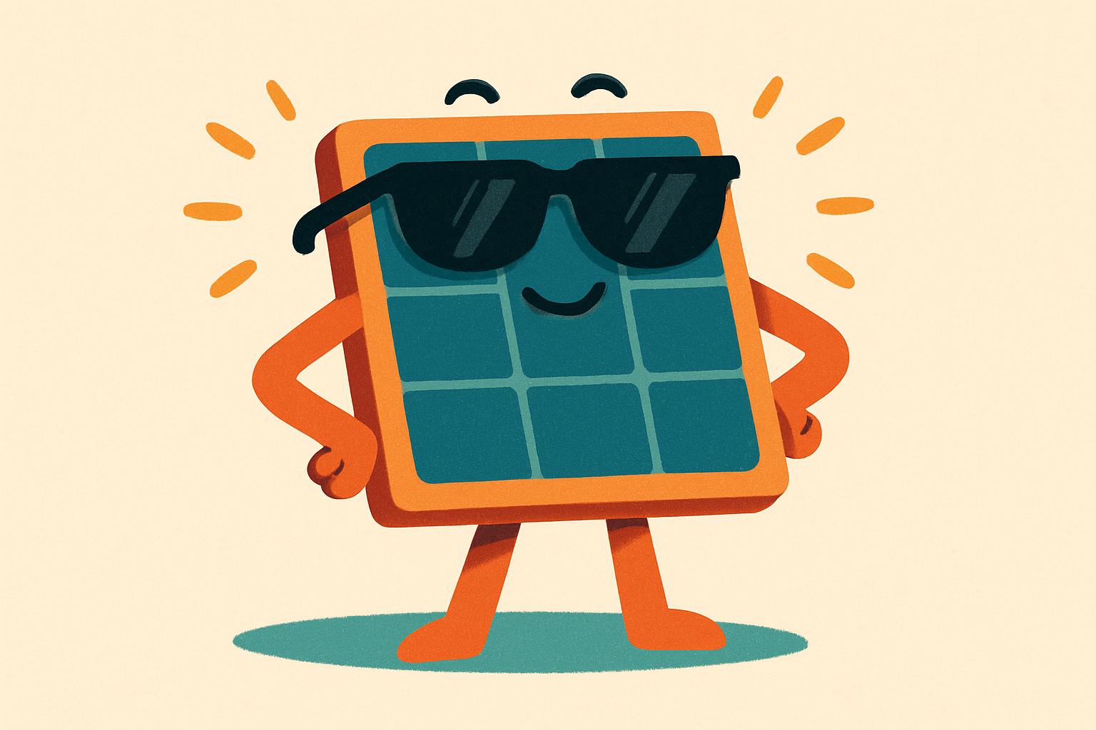 Il pannello solare influencer Pannello solare cartoon con occhiali da sole in posa circondato da raggi di sole