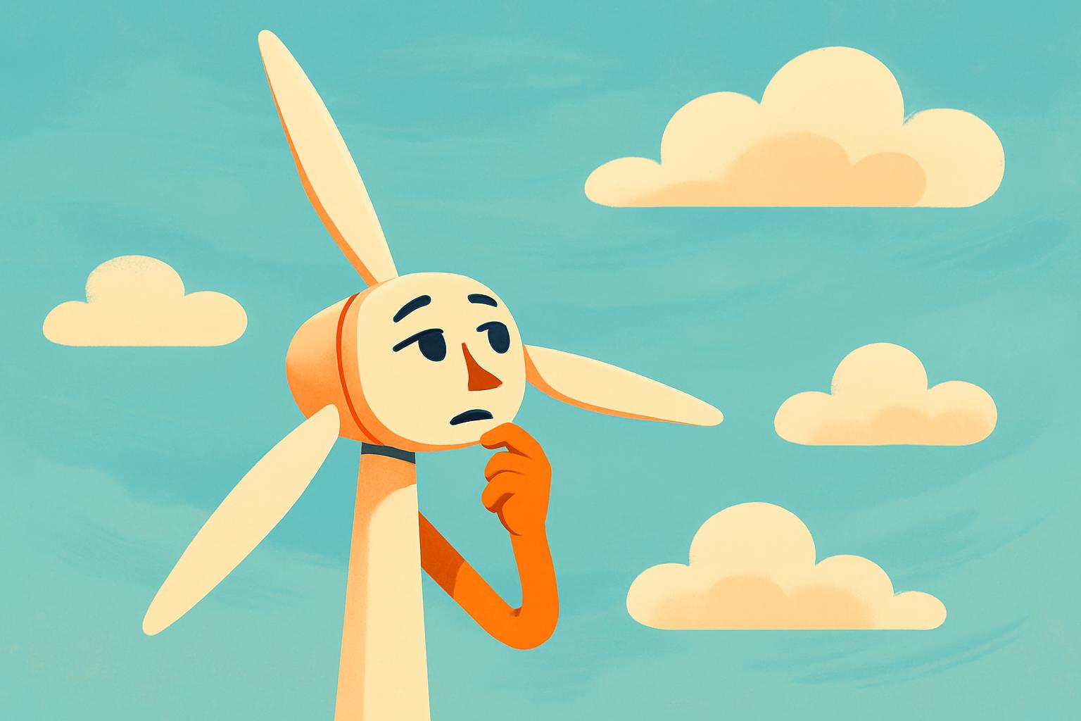 La turbina eolica filosofa Pala eolica cartoon pensierosa che guarda il cielo