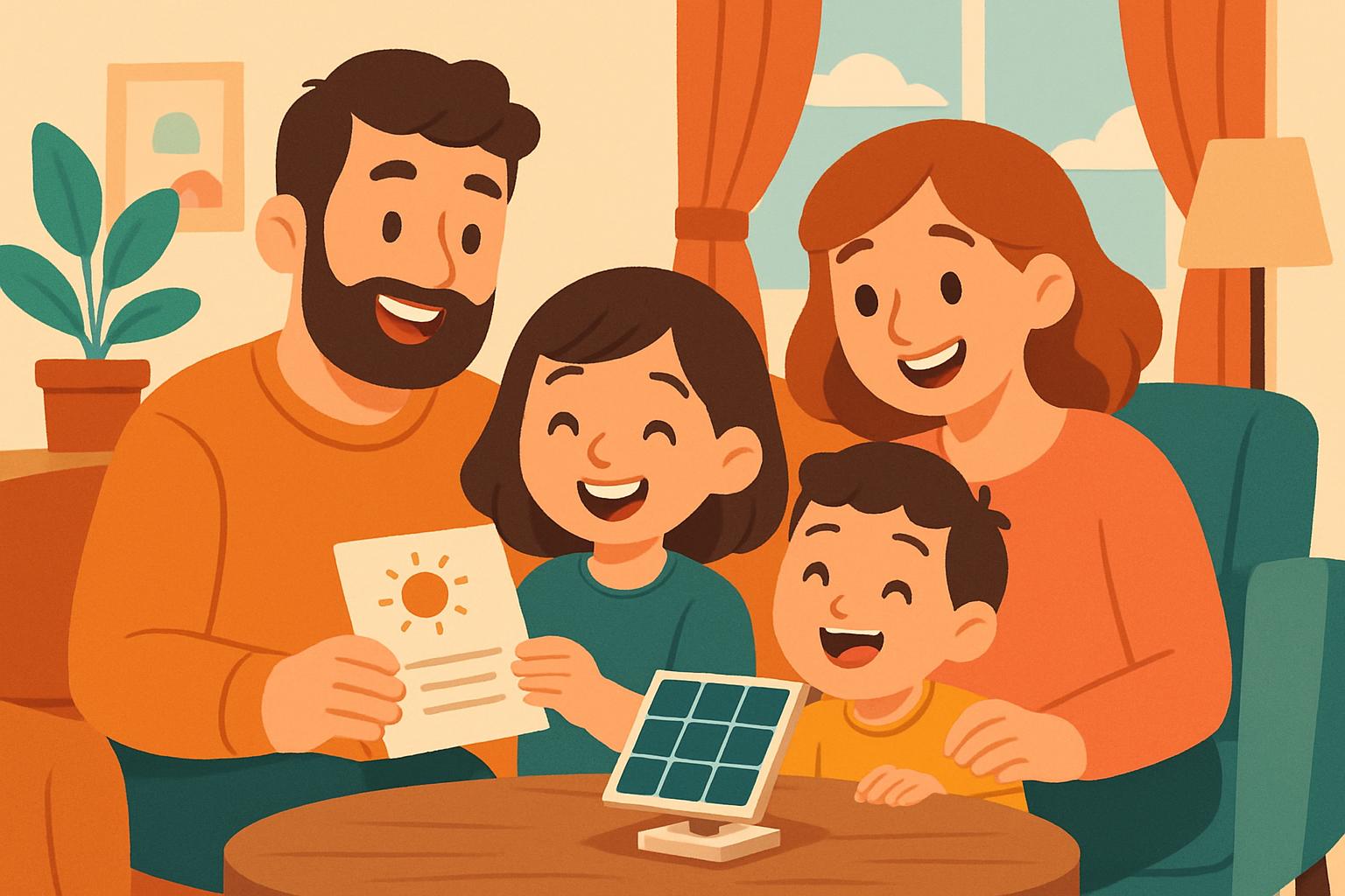 The quote and the customer's smile Famiglia cartoon sorridente mentre guarda un preventivo per il fotovoltaico