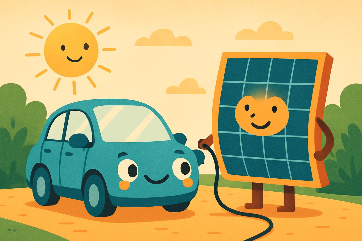 L’auto elettrica e il pannello solare Auto elettrica cartoon ricaricata da un pannello solare sorridente