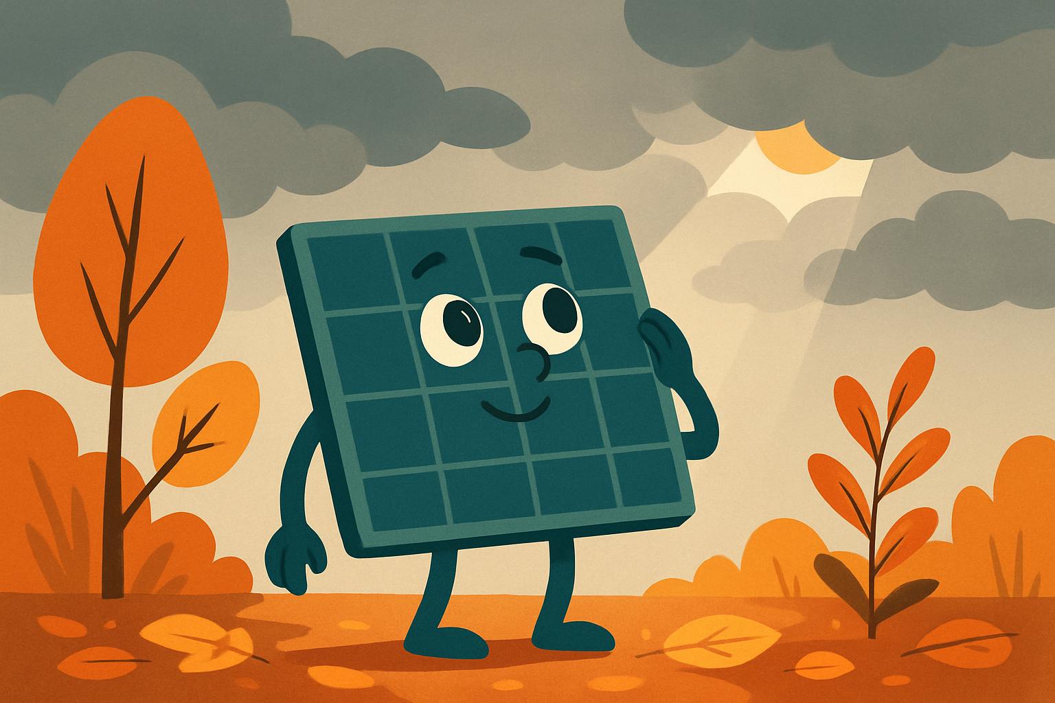 Il fotovoltaico ottimista anche a novembre Pannello solare cartoon speranzoso mentre un raggio di sole spunta tra le nuvole grigie
