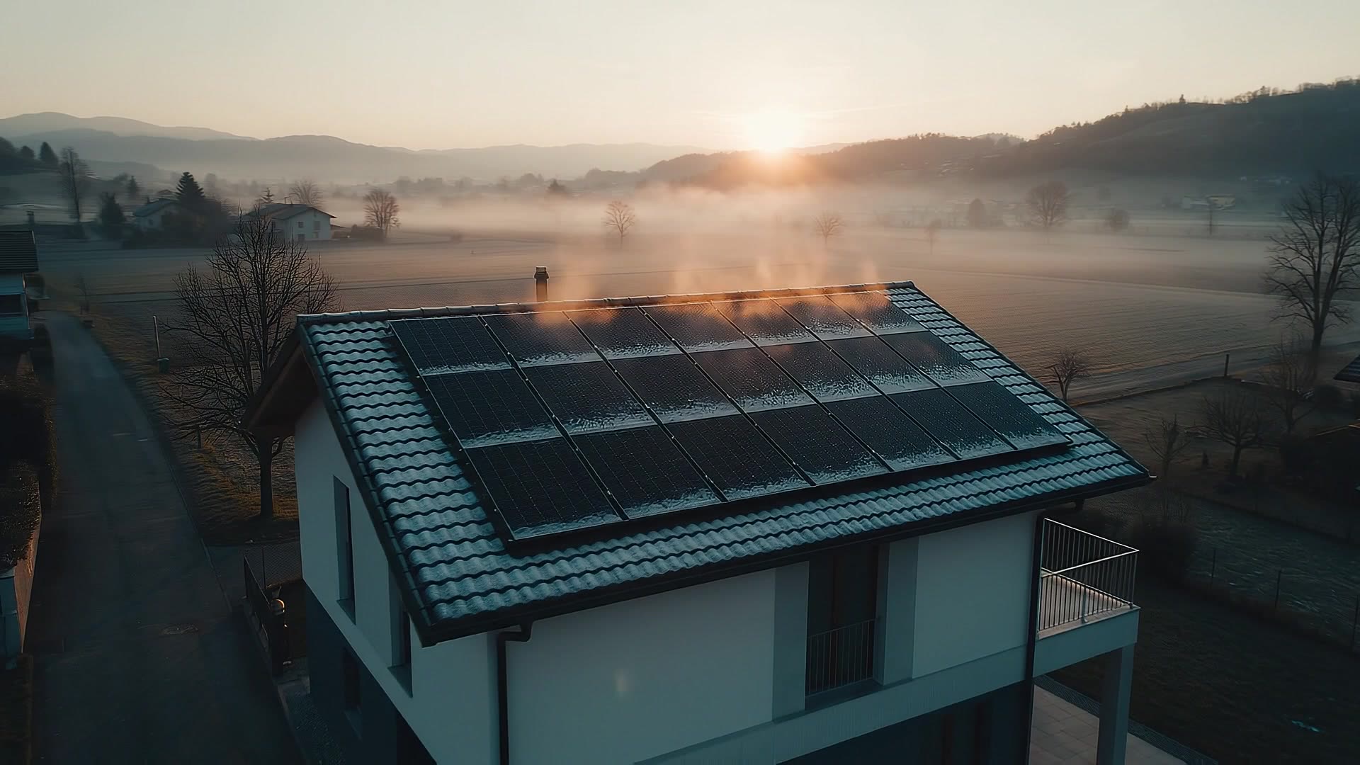 Spot Heiwit «Non pensarci» – copertina Casa con pannelli fotovoltaici coperti di brina all’alba d’inverno, fotogramma dello spot Heiwit «Non pensarci»